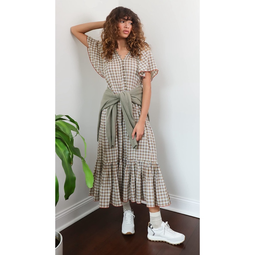 THE GREAT. Beige and White Gingham Midi Dress